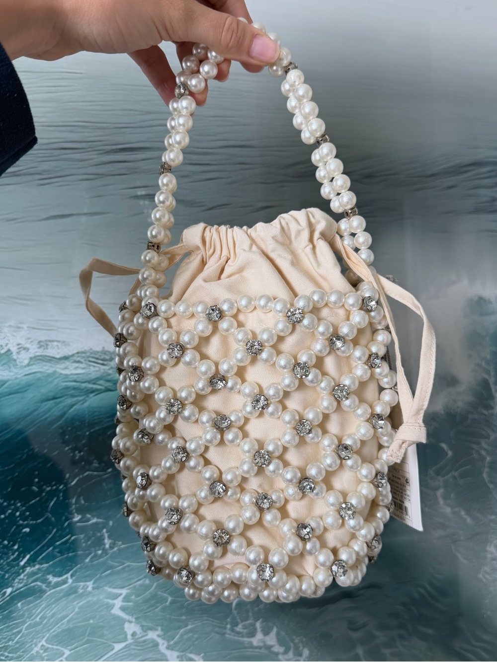 Pearl Beaded Drawstring Bucket Bag - Cream